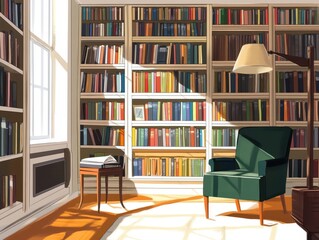 A sunlit room filled with books and cozy seating