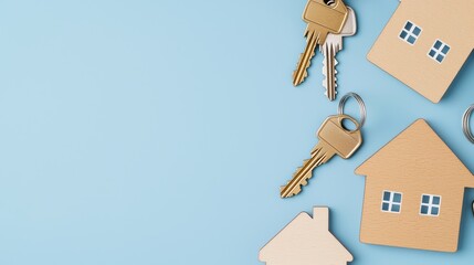 Abstract Concept of Homeownership with Keys and Floating Houses on Blue Background
