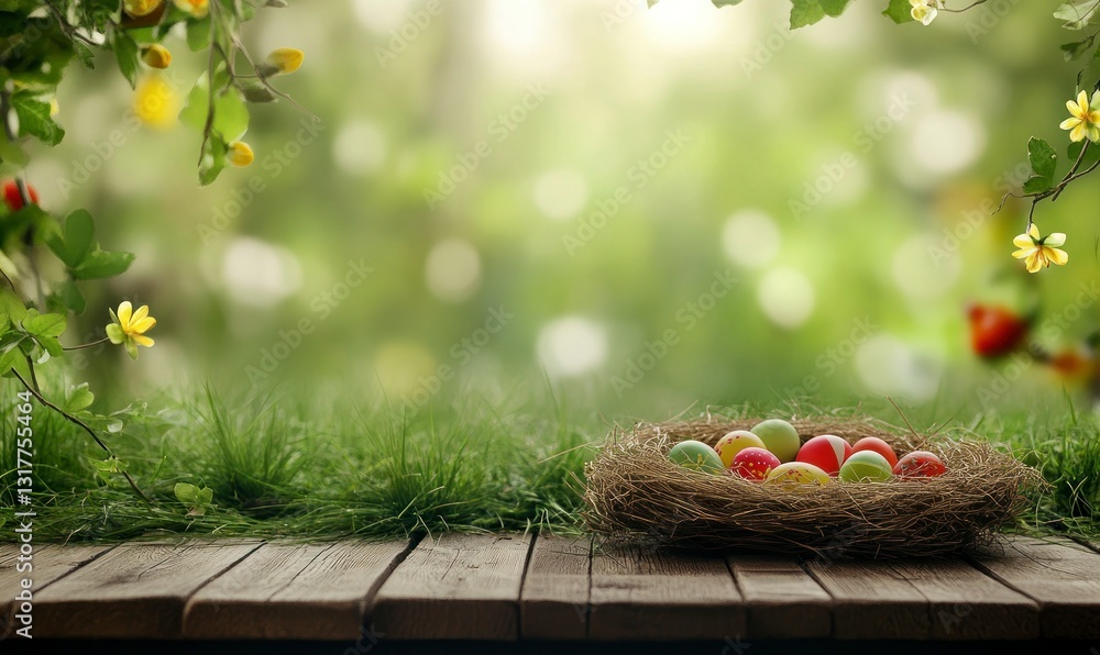 Poster easter eggs in nest on wooden table with spring background