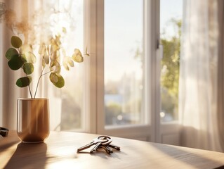 Sunlight streaming through a window illuminating a plant and a set of keys on a table