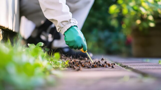 Person wearing gloves carefully removes bees from wooden surface in a garden as part of pest control efforts during daytime