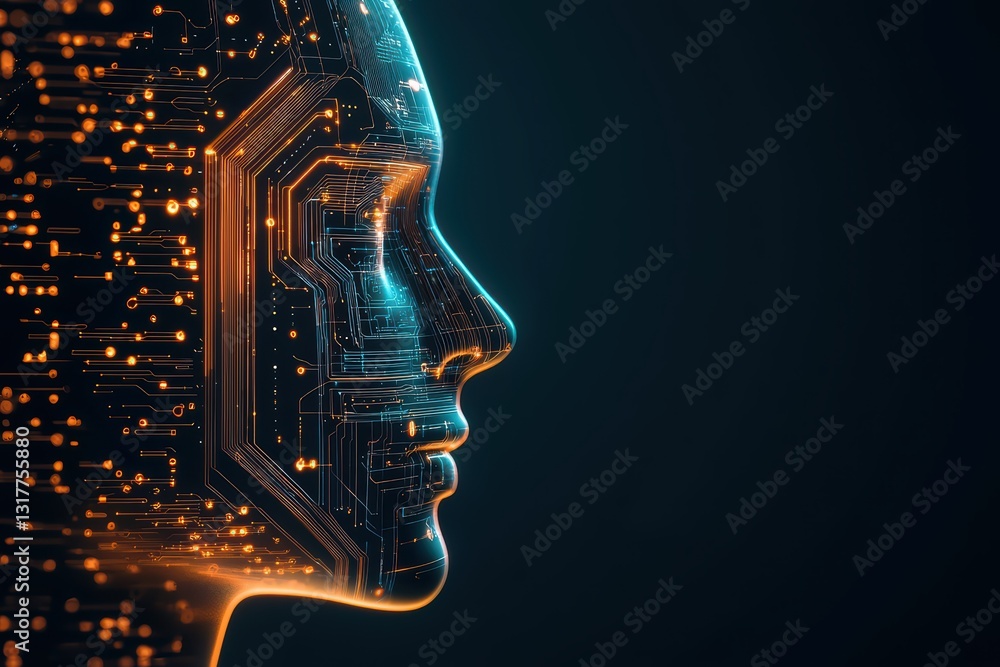 Poster futuristic humanoid ai with glowing circuits and digital elements displaying technological innovatio