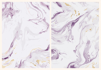 Set of Modern fluid watercolor, marble backgrounds, alcohol ink paintings, elegant card design for birthday invite, wedding, boho wall art with abstract purple, gold waves. Vector pastel illustration