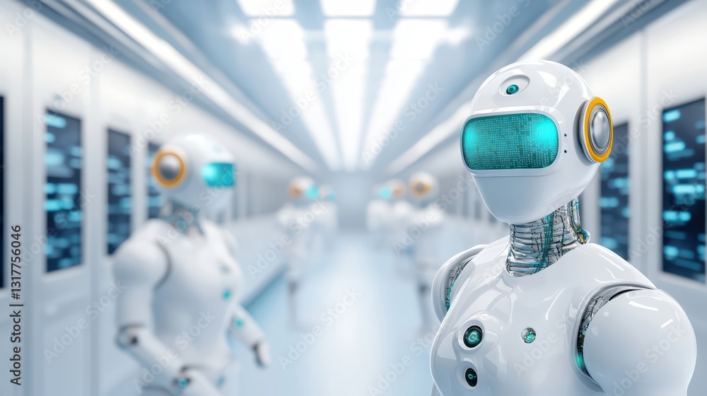Poster futuristic ai-controlled factory with smart robots operating in a high-tech environment