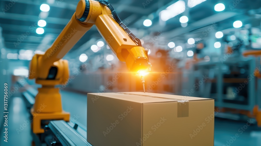 Poster futuristic smart factory with ai-controlled robot arm handling package in modern industrial setup