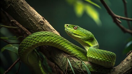 Fototapeta premium close-up of a vibrant green snake resting on a tree branch, with its scales glistening under soft natural light, surrounded by lush green leaves in a tropical setting.