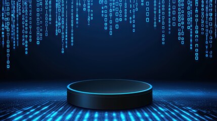 High Tech Holographic Podium on Digital Stage with Futuristic Blue Elements and Matrix Effect