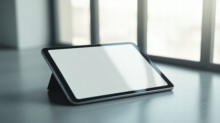 Modern Tablet Display: A sleek, modern tablet with a blank screen sits prominently in a contemporary setting, bathed in soft natural light, symbolizing technology and communication.