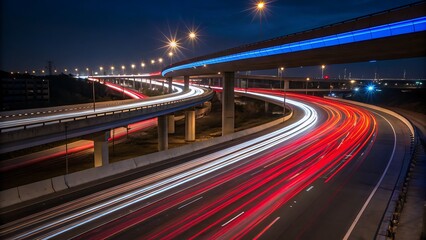 Fototapeta premium A busy multi-lane highway at night with stunning red and white light trails from moving vehicles, captured with a long-exposure effect against an urban cityscape backdrop