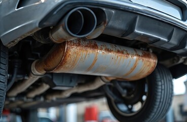 Fototapeta premium Close-up bottom view of rusty car exhaust muffler pipe. Lifted vehicle check-up maintenance service at auto workshop. Concept of repair and fix auto service for rusted automobile.