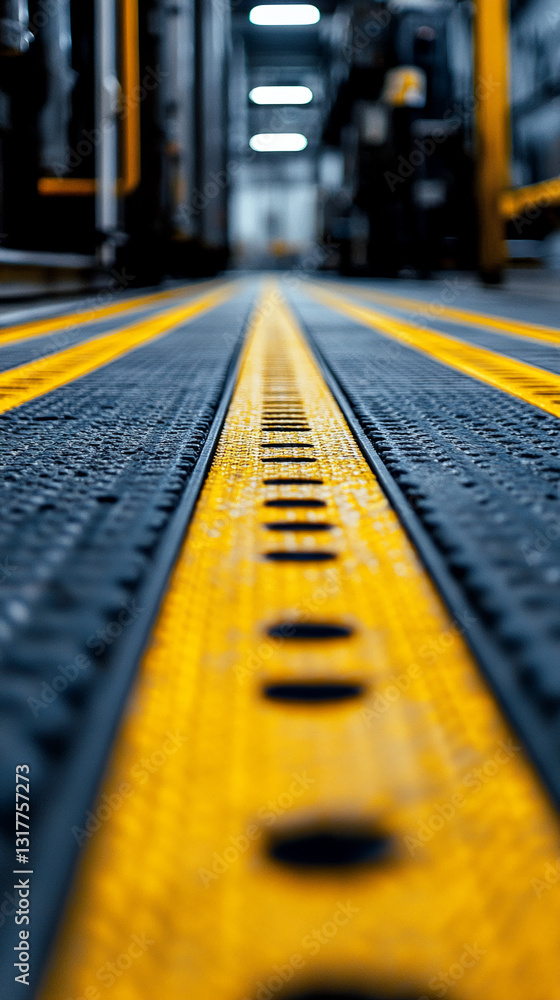 Poster close-up of yellow and dark-gray industrial floor stripes, creating a textured, linear perspective, 