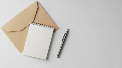 Blank Note and Envelope: A kraft paper envelope rests beside a blank spiral notepad and a pen, arranged on a surface.  Ready for your message or design. 
