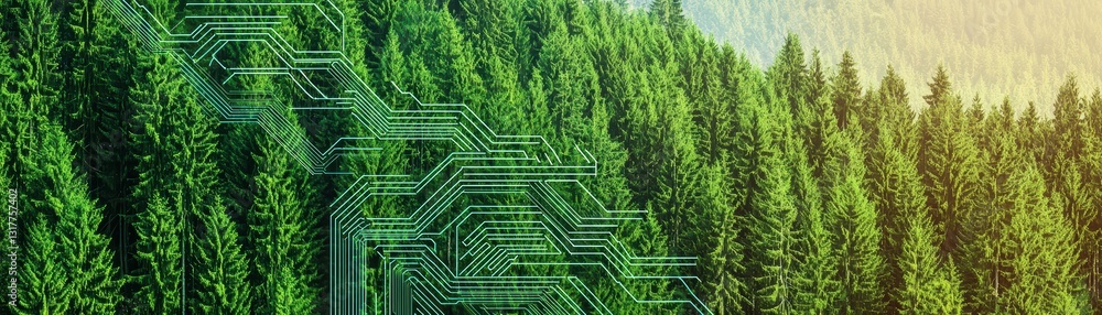 Poster lush green forest merging with digital circuits representing nature and technology integration