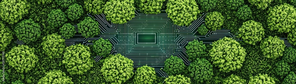 Aufkleber lush green forest merging with digital circuits in a unique nature-tech fusion scene