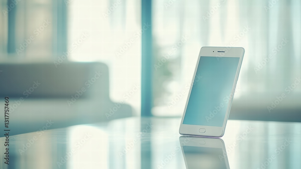 Poster smart device on table: a modern smartphone stands on a reflective surface, capturing a minimalist ae