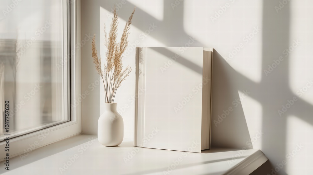 Poster tranquil reading nook: a minimalist composition featuring a closed book next to a vase of dried flow