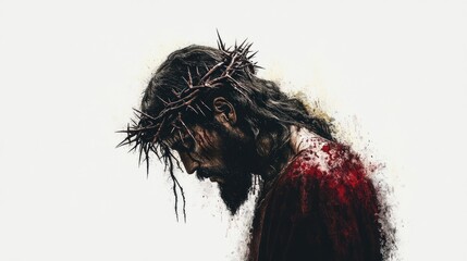 Jesus of Nazareth with Crown of Thorns in Watercolor Painting on White Background