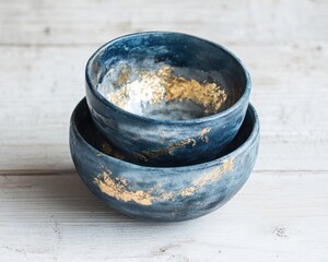 Two blue gold-flecked bowls on wood. Tabletop decor, food photography