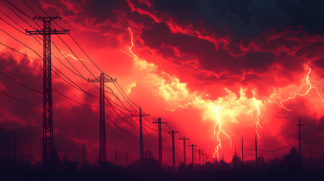 Dramatic and intense electrical storm with glowing red clouds and sky engulfs a rural power grid landscape of electric poles and wires at dusk apocalyptic supernatural. Electric Twilight. Illustration