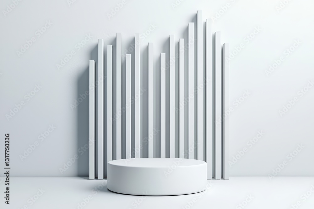 Poster minimalist futuristic podium on a simple stage with vertical elements and white background