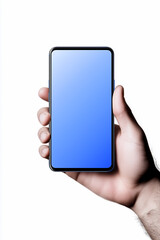 A hand holding a phone with a blue screen