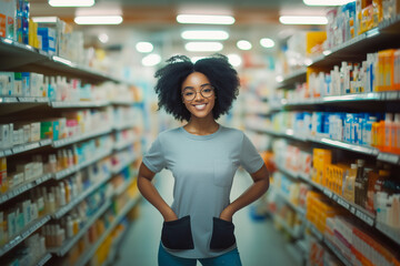 A woman stands in a store aisle with her hands in her pockets