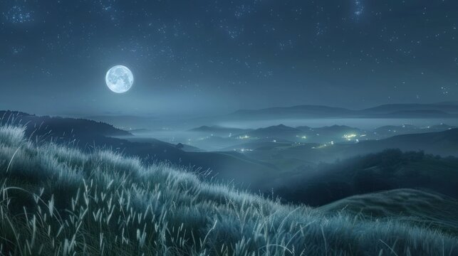 Enchanting Night Landscape with Full Moon and Starry Sky, Serene Hills, Illuminated Valley, Nat