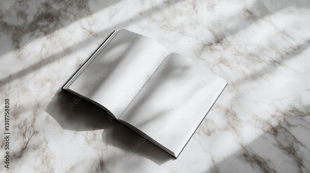 Poster open book on marble: an open book with blank pages rests on a luxurious marble surface, capturing th