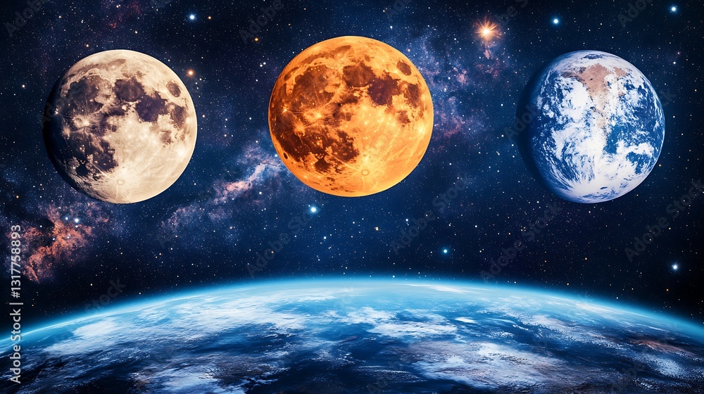Poster three celestial bodies floating in the expanse of deep space