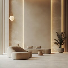 Modern interior design featuring seating plants lighting and neutral colors