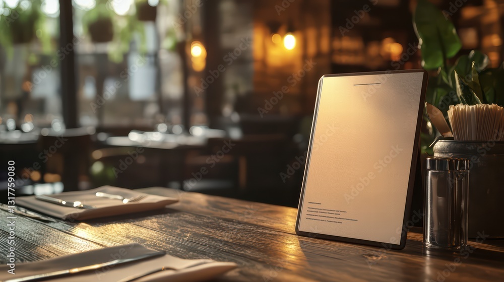 Poster empty menu on wooden table: an empty menu stands prominently on a well-worn wooden table in a softly