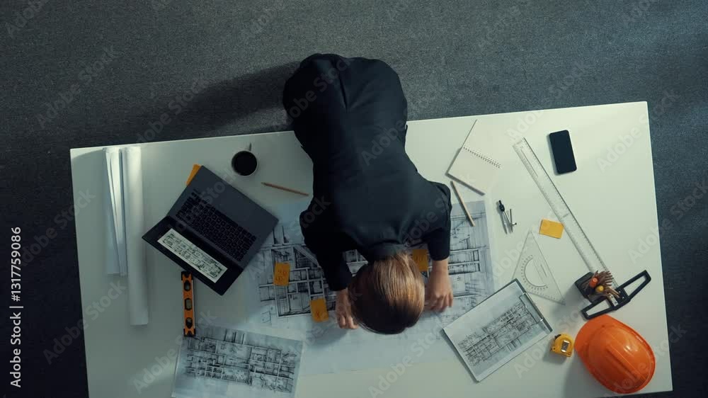 Poster top view of manager using ruler to measure project plan while looking at building construction on la