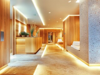 A well lit hallway features modern design with wooden accents