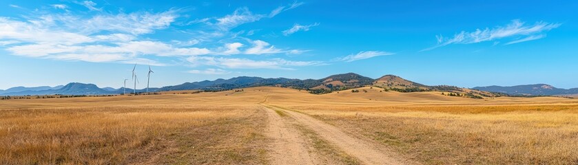 Scenic Landscape with Wind Turbines and Solar Energy Panels Under Clear Blue Sky