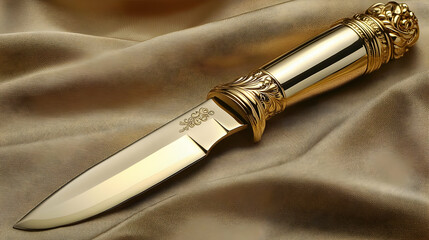 Naklejka premium Gold knife, ornate handle, silk fabric, luxury