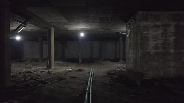 S&oacute;tano poco iluminado de un edificio en construcci&oacute;n. Footage de Arquitectura. S&oacute;tano. Obra. Arquitectura. Construcci&oacute;n.