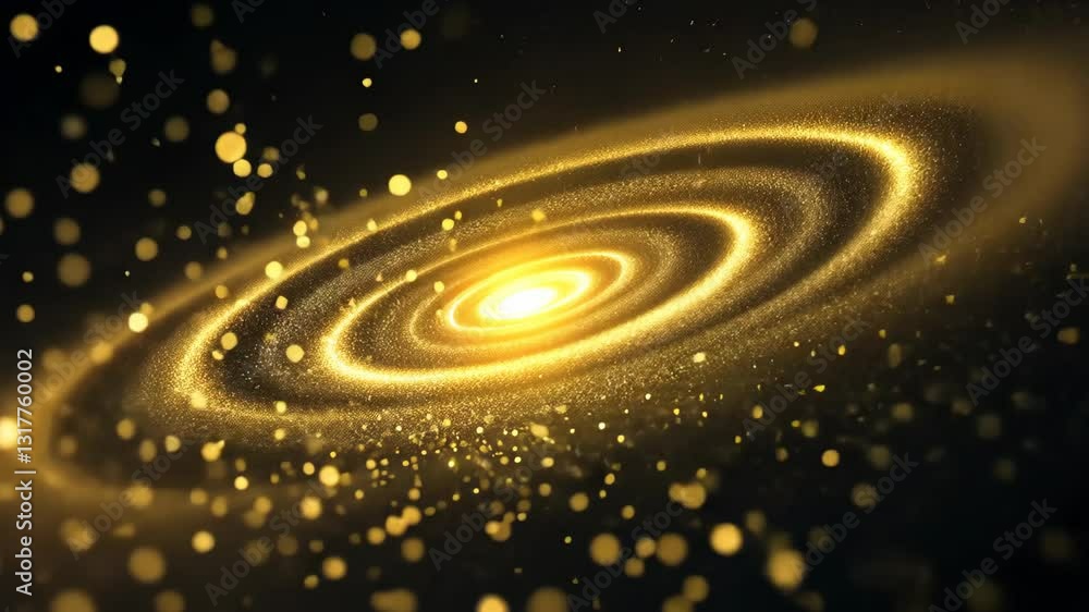 Poster spiral galaxy with golden hues and luminous center illuminated by sparkling particles in a dark spac