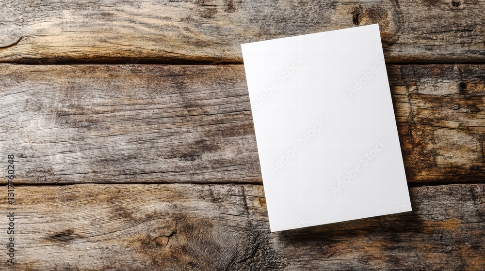 Poster blank canvas on wood: a pristine blank paper resting atop a textured wooden surface, creating a rust