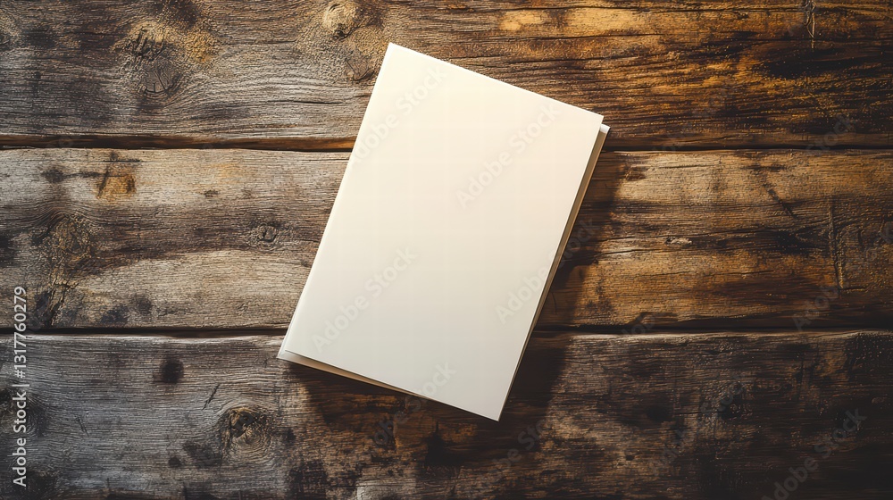 Poster blank canvas: a stack of pristine, blank paper sheets rests upon a rustic wooden surface, offering a