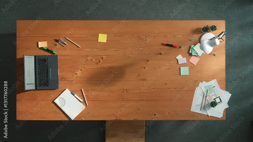 Poster top down view of skilled project manager hold project plan and open at meeting table. aerial view of