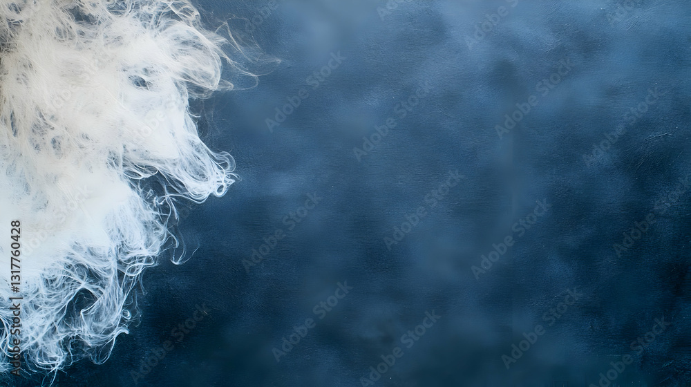 Poster abstract blue background with white ink splatter and fluid motion forming textured pattern