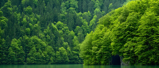 Obraz premium Lush Green Mangrove Forest Reflected In Calm Water With Dense Foliage And Sunlight Filtering Through The Canopy