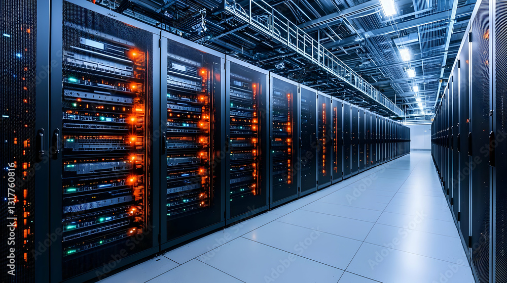 Poster modern data center with rows of server racks and glowing lights in a dark room with bright floor hig