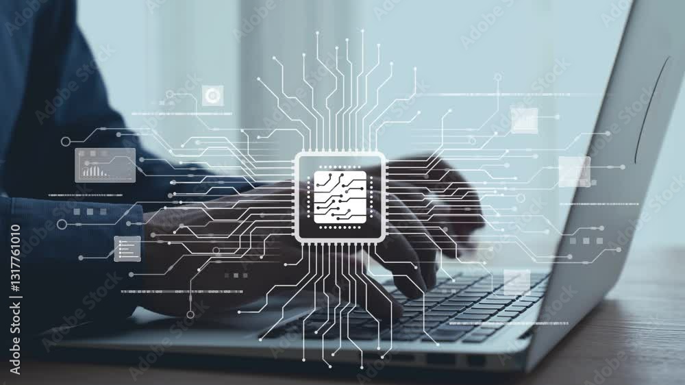 Poster a hands-on laptop typing scene with a digital network overlay and a microchip design, illustrating t