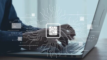 A hands-on laptop typing scene with a digital network overlay and a microchip design, illustrating the integration of technology, data processing, and connectivity in modern life. Qubit