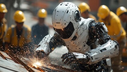 Futuristic robot welding metal in a construction site with sparks and workers in hard hats in the background.  Welding scene, robot worker, construction site, futuristic, sparks, hard hats