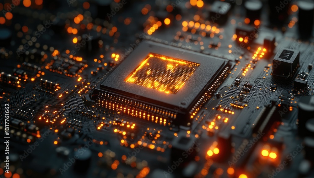 Poster close up view of glowing central processing unit on circuit board, showcasing intricate details and 