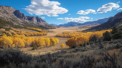 Golden aspen trees illuminate a vast valley nestled between majestic mountains under a vibrant blue sky. A picturesque autumn landscape.