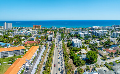 Drone view of Deerfield Beach, Florida with city