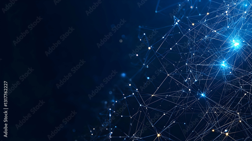 Aufkleber abstract blue background with glowing particles network connection and digital technology in dark sp